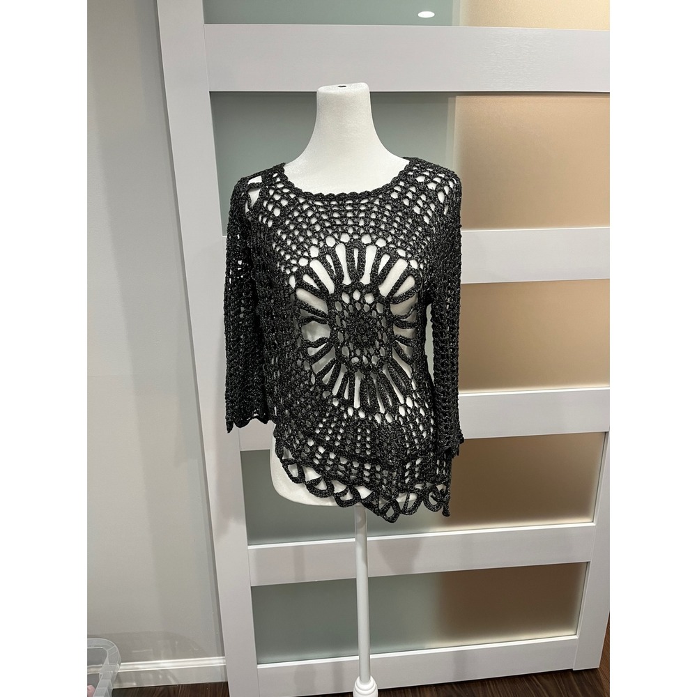 Goth Miracle City Black Metallic‎ Crochet Mandala Top Asymmetrical Boho S/M